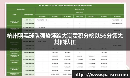 杭州羽毛球队强势领跑大满贯积分榜以56分领先其他队伍