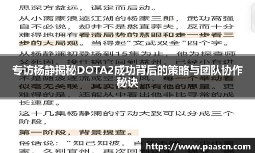 专访杨静揭秘DOTA2成功背后的策略与团队协作秘诀
